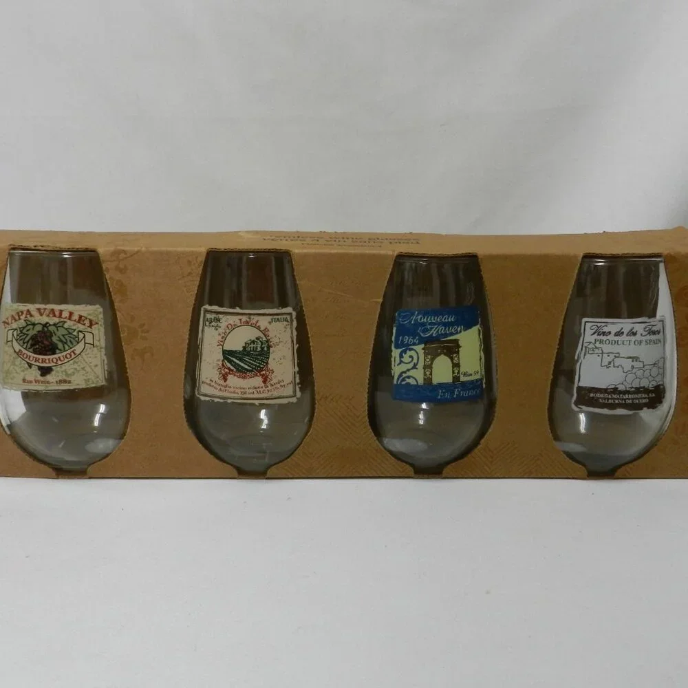 Pier 1 Stemless Wine Glass Napa Spain Italy & France Labels Set of glasses 4 NIB